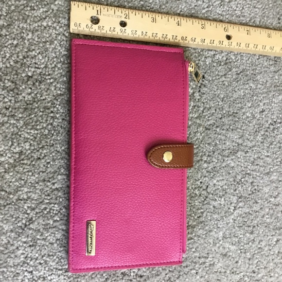 Pink Chelmon Leather Wallet w/two zipper pockets 15” long by 4” wide, opened. - Picture 2 of 6